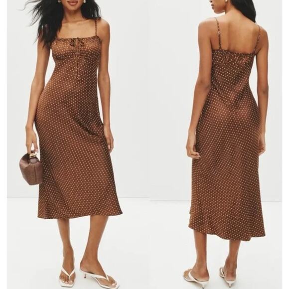 Ciao Lucia Leo Satin Midi Slip Dress Polka Dot Keyhole Tie Front Spaghetti Strap - Picture 3 of 12